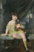 Douglas Volk Young Girl in Yellow Dress Holding her Doll, USA oil painting artist
